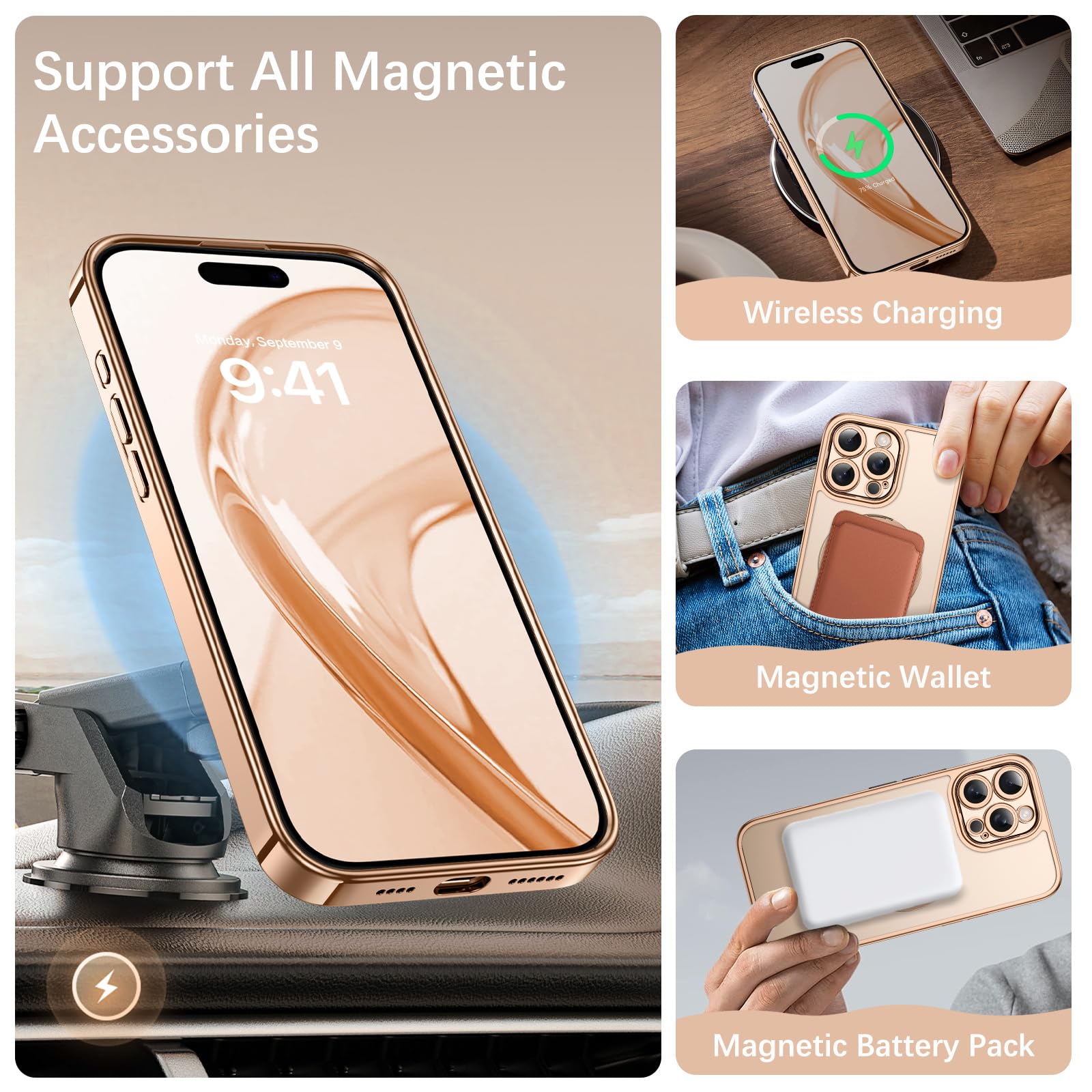 Veningo Iphone 16 Pro Max Case, Magnetic Slim Thin Magsafe Plating Clear Back With Foldable Ring Holder Kickstand Shockproof Pro